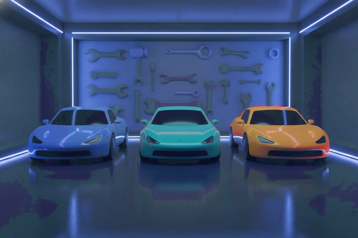 Concept art of a garage with blue, teal and gold sports cars under neon light