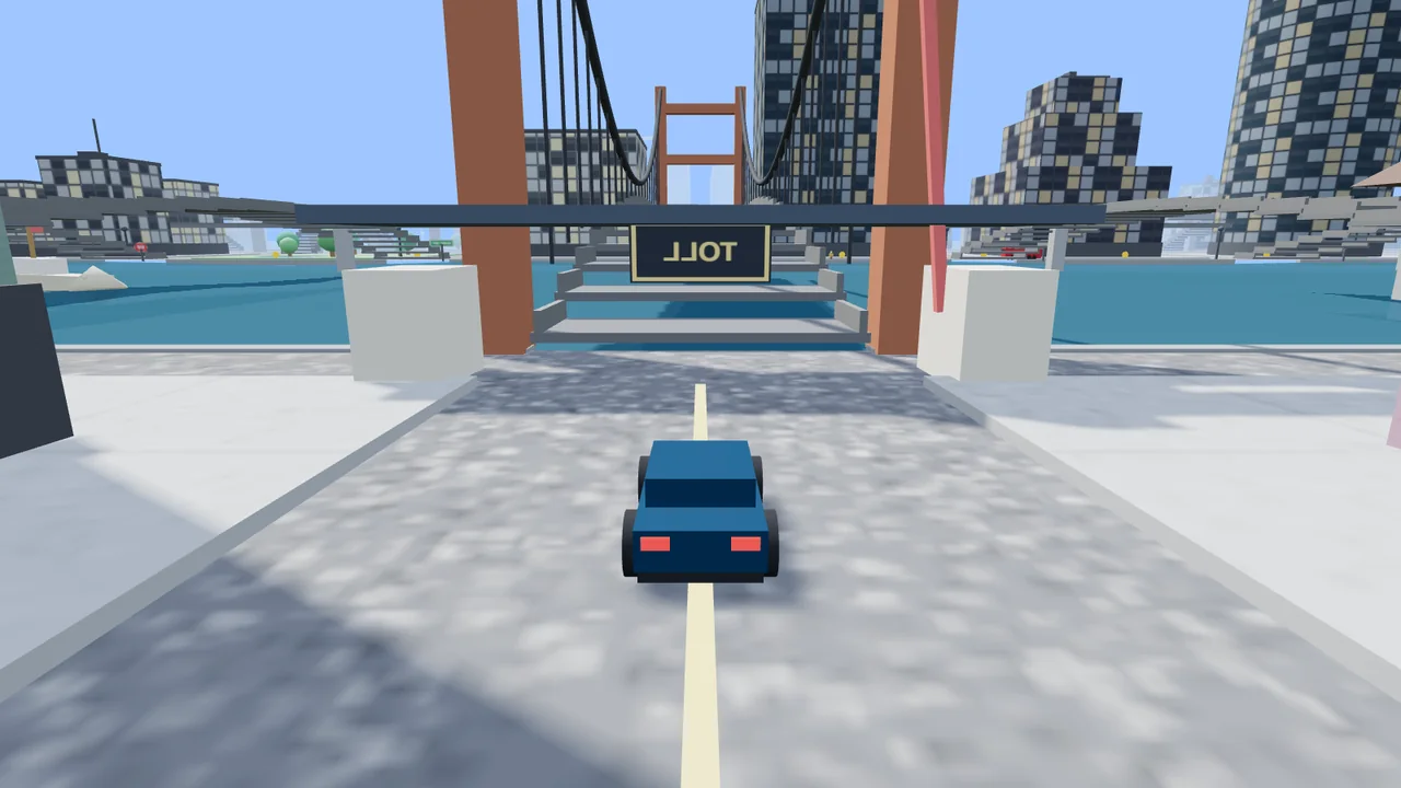 Driving toward the suspension bridge toll gate over the bay in City Cruiser