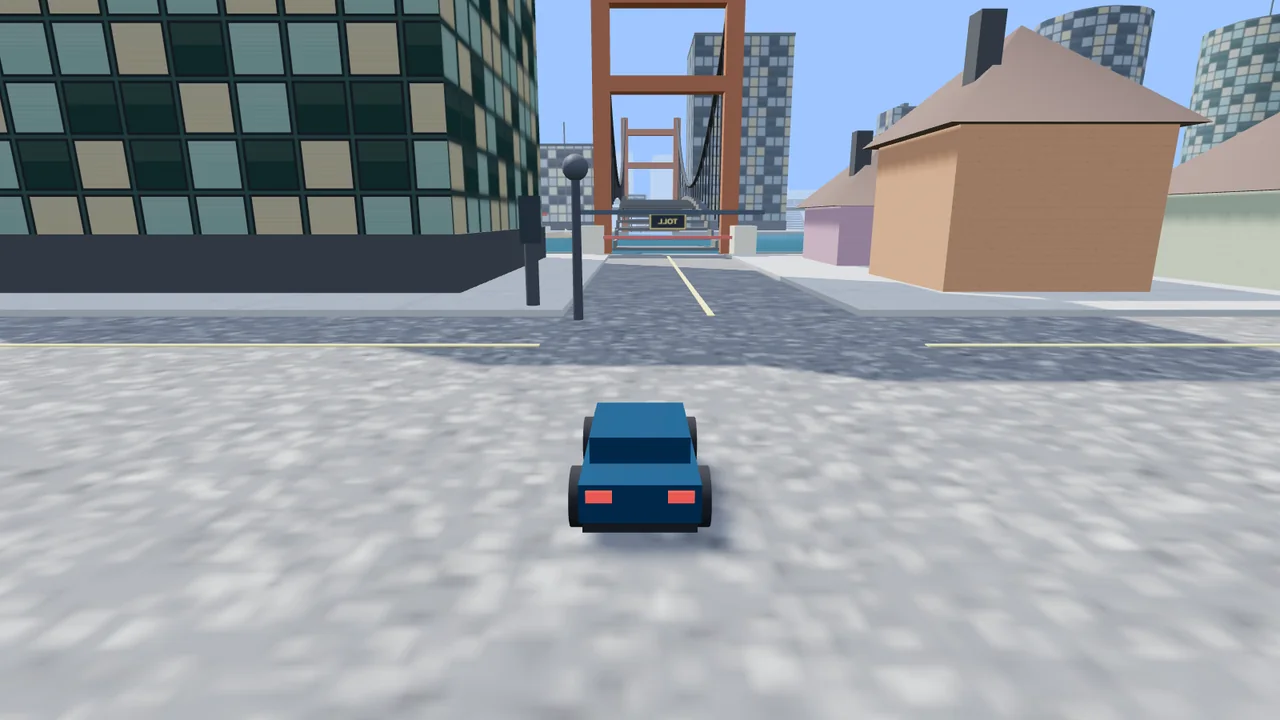 Cruising a colorful downtown street with the bridge up ahead